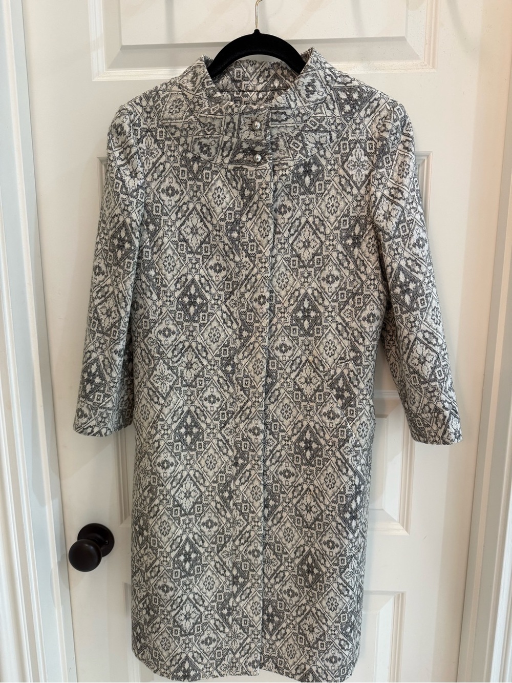 Zara Basic Silver and Black Jacquard Brocade Wool Blend Geometric Coat Size S
